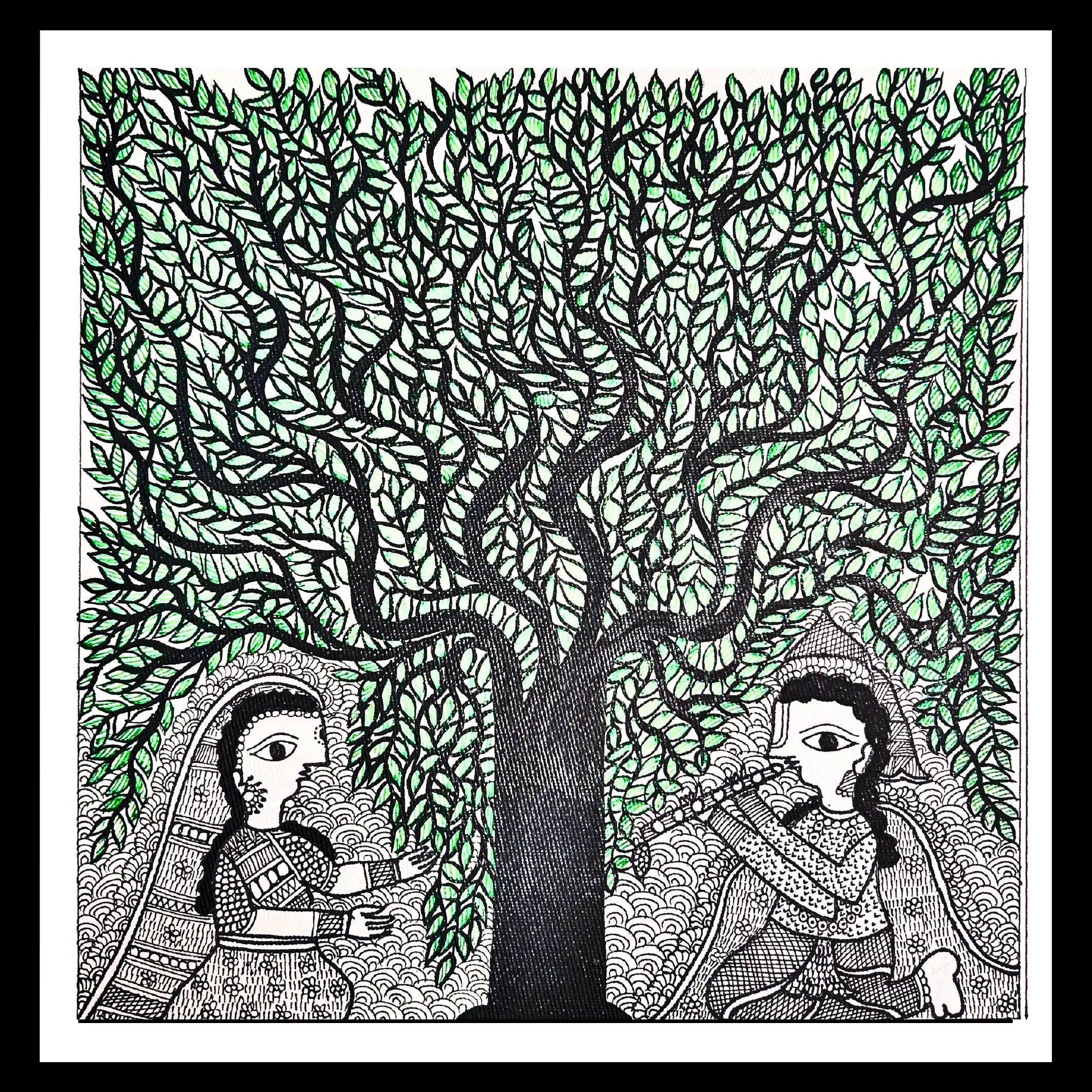 Handmade Madhubani Painting of Krishna & Radha under Tree of Life